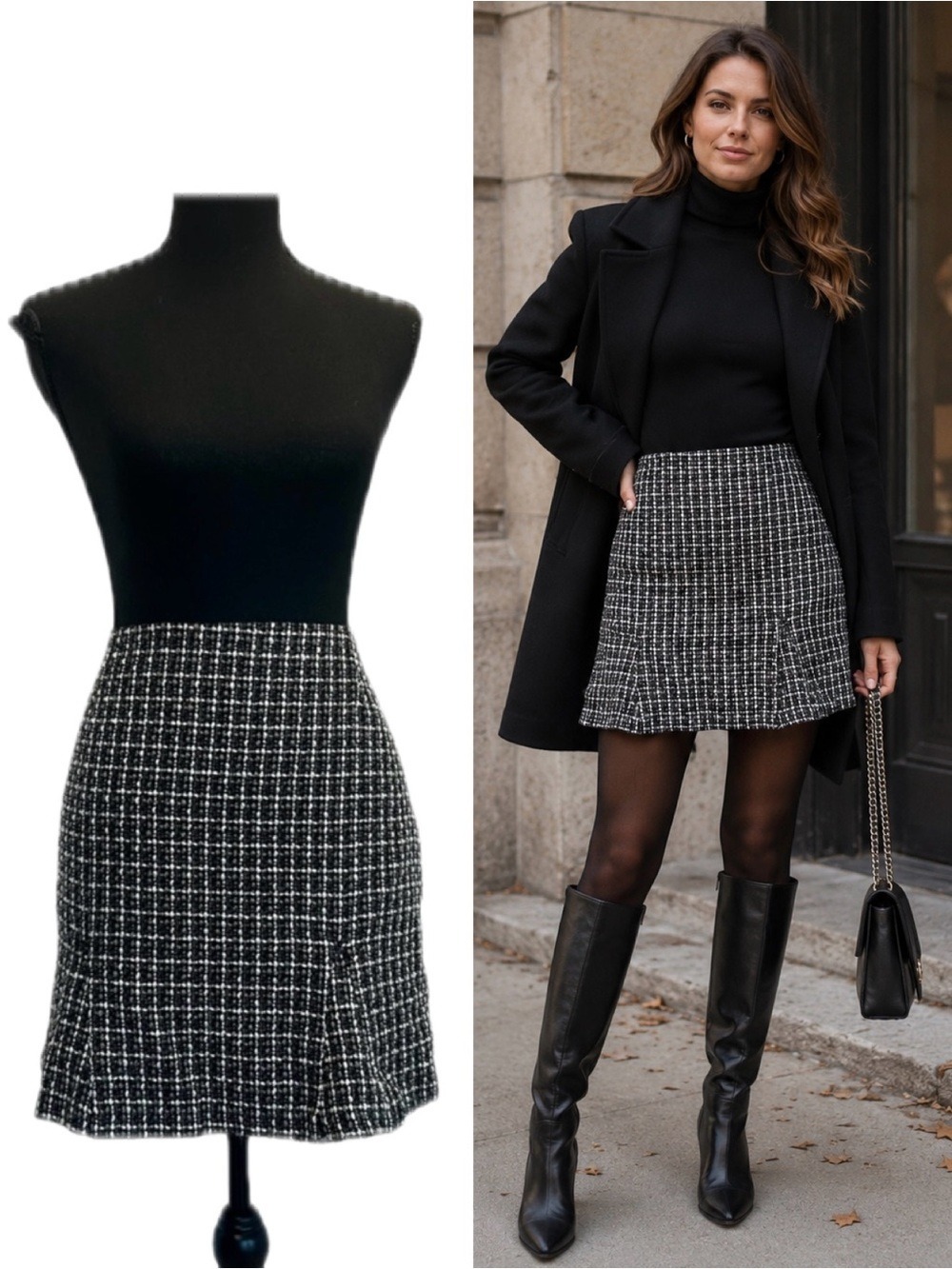 RW&CO Black White Tweed Pleated Mini Skirt Size 8